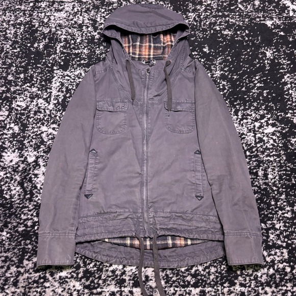 Joujou Jackets & Blazers - Joujou Womens Grey Utility Jacket Plaid Lined Hooded Y2K Grunge Cargo Coat Small